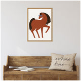 Minimalist brown horse illustration with long dark mane and blue glasses, framed on a white wall above a rustic wooden bench with a 'welcome home' pillow.