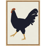 Stylized black rooster with red comb and wattles, wearing round glasses, standing on one leg against a cream background framed in light wood.