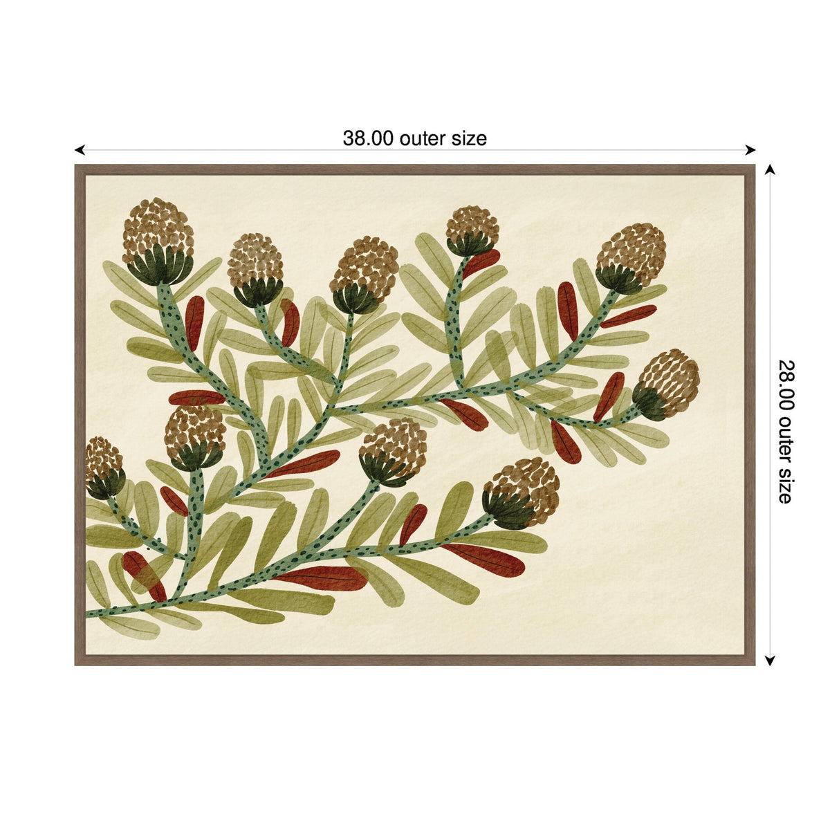 Framed canvas print featuring stylized botanical illustration with green leaves, red accents, and brown clustered flowers on a cream background, sized 38x28 inches.