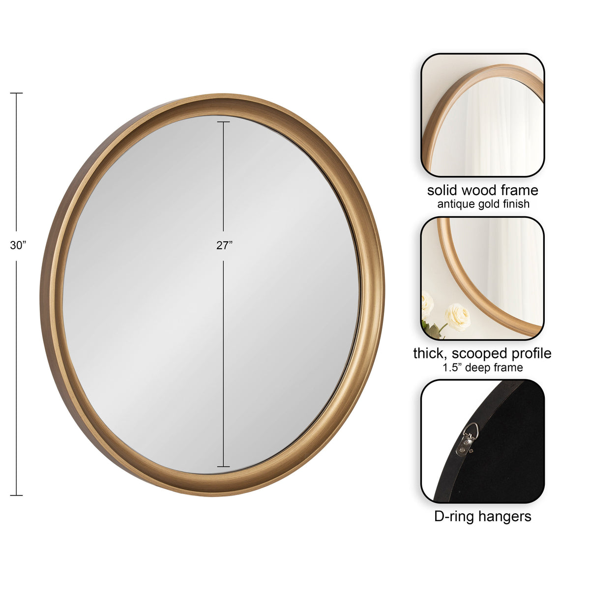 Round wall mirror with a 1.5-inch thick solid wood frame in antique gold finish, featuring a scooped profile and D-ring hangers on the back.