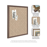 Beige pinboard with white lattice pattern and dark wood frame, showing two black-and-white photos pinned with wooden clothespins, alongside small insets of frame options and fabric textures.