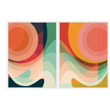 Two framed abstract canvas art pieces featuring overlapping translucent circles and wavy shapes in warm oranges, reds, pinks, and cool blues and greens.