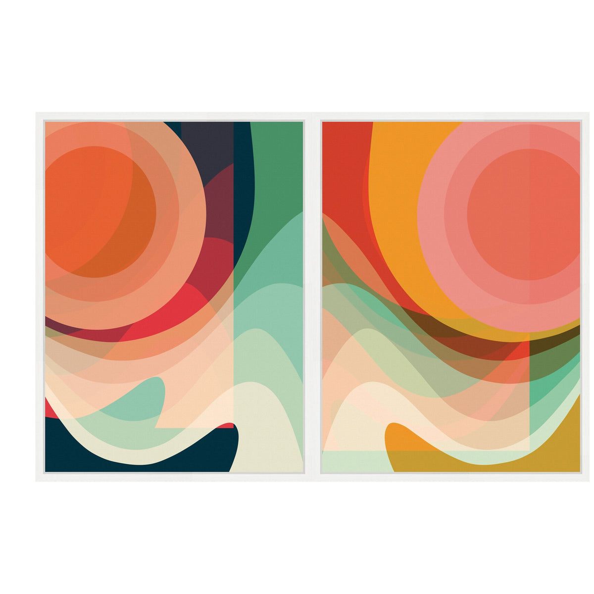 Two framed abstract canvas art pieces featuring overlapping translucent circles and wavy shapes in warm oranges, reds, pinks, and cool blues and greens.