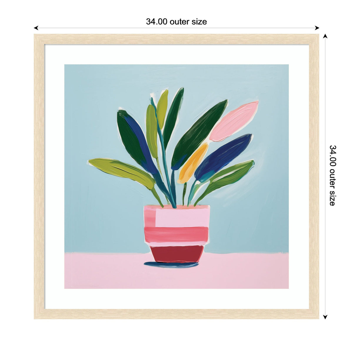 Stylized painting of a potted plant with long green, blue, and orange leaves in a striped pink and red pot against a light blue and pink background, framed in light wood.