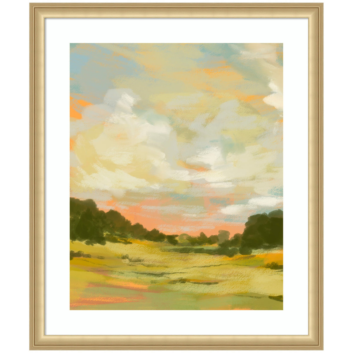 Impressionistic painting of a grassy landscape with green trees under a partly cloudy sky with soft peach and blue tones, framed in a light wood frame.