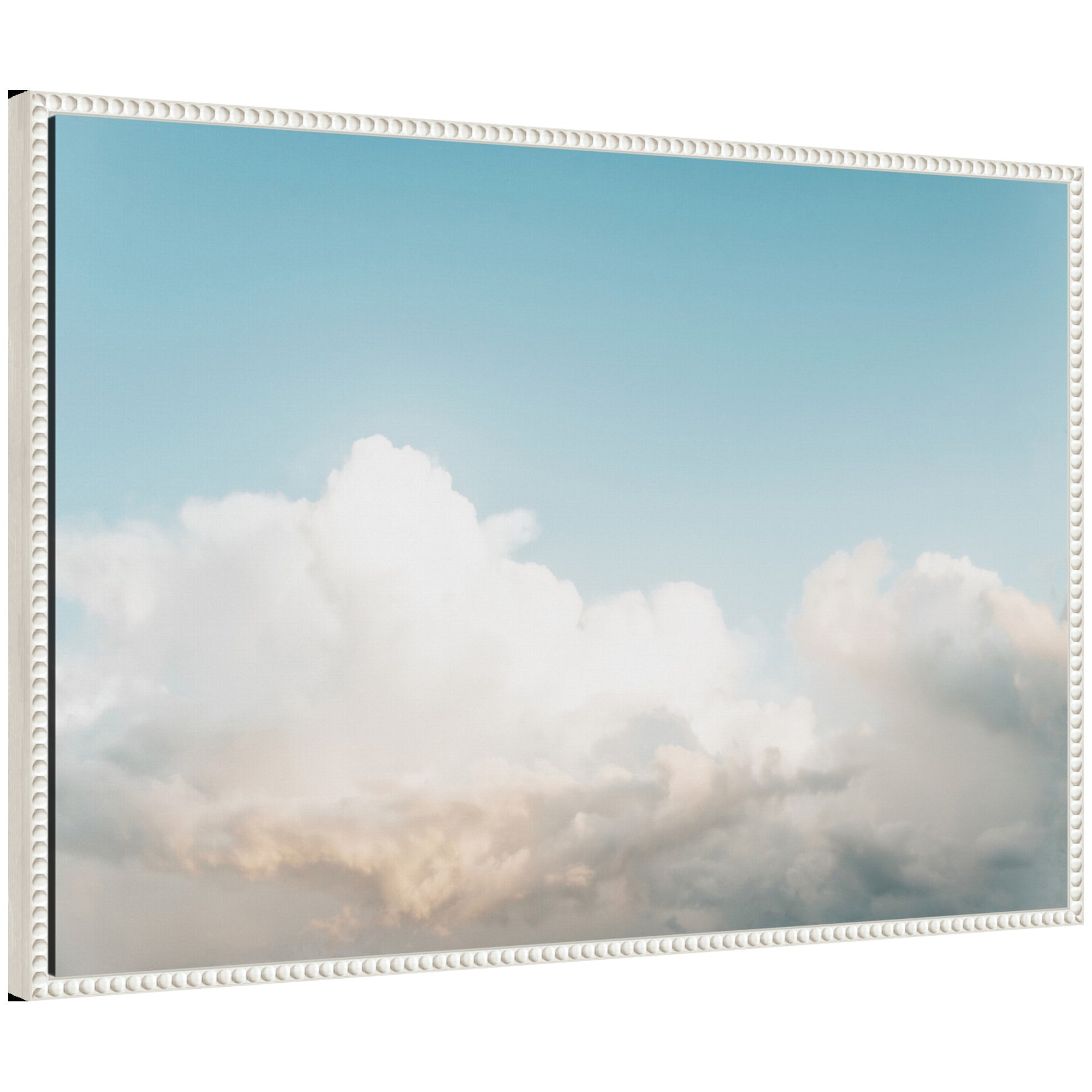 Sylvie Clouds Framed Canvas by Alicia Abla showing soft cloudscape on vintage beaded polystyrene frame