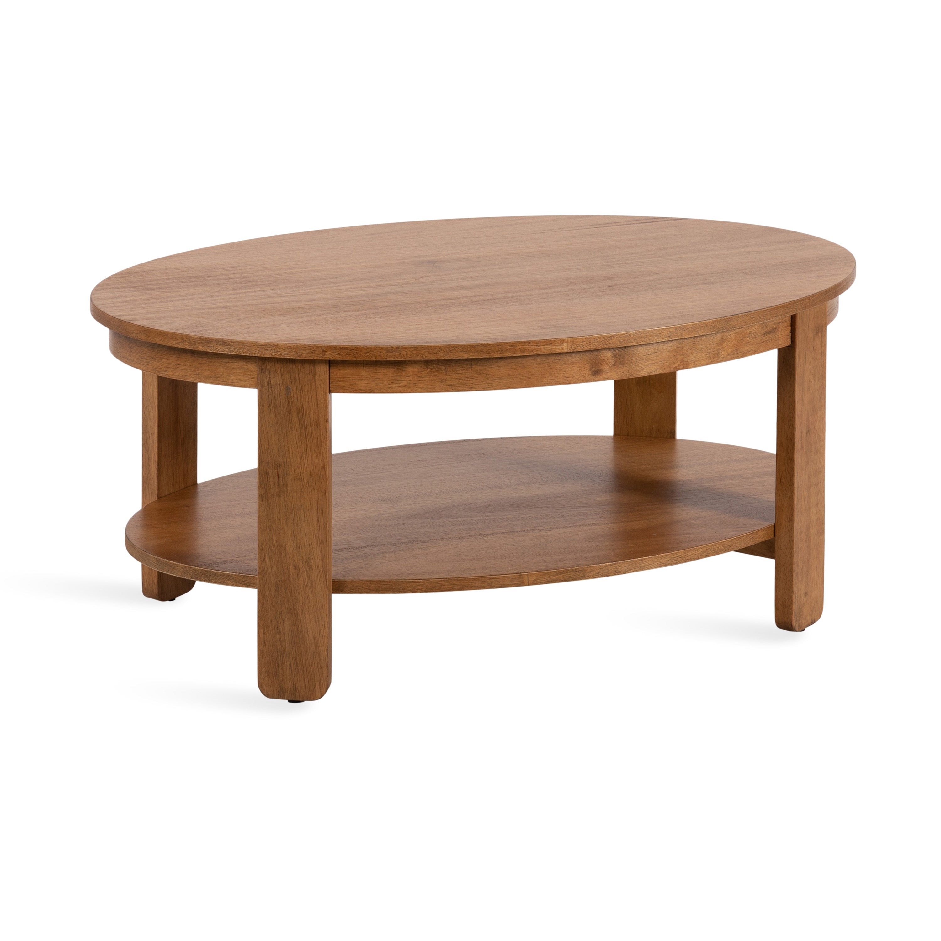 Foxford Oval Wood Coffee Table in black finish with tiered shelves, styled with books and decor.