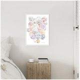 Framed canvas wall art depicting a cluster of pale pastel seashells in soft shades of pink, purple, blue, and orange, hanging above a natural wood bedside table.