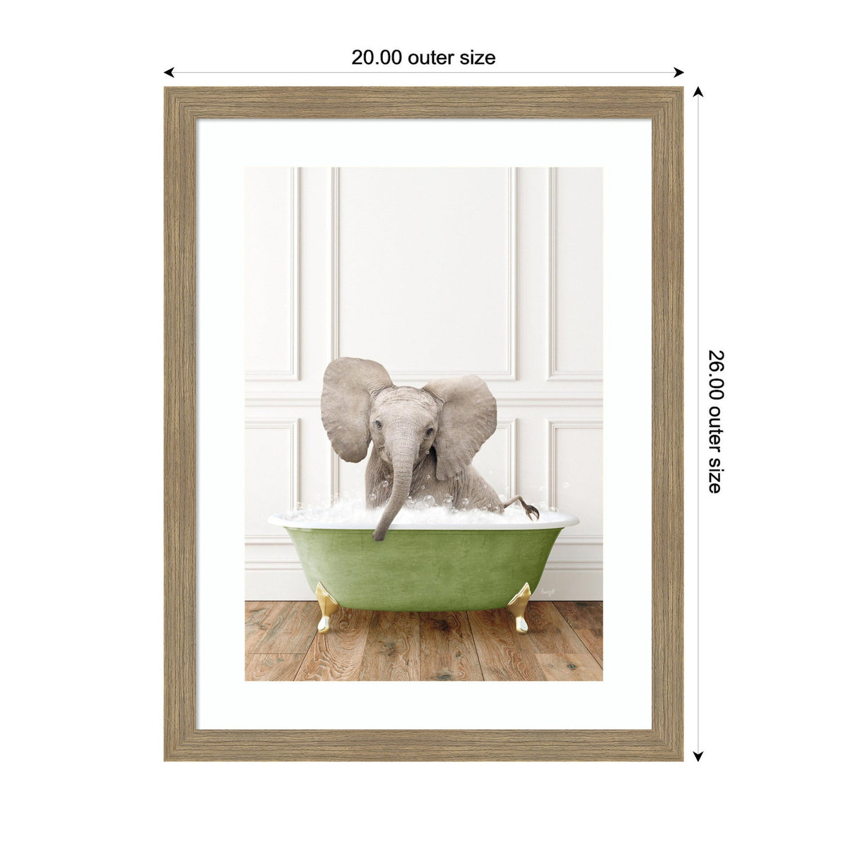 Baby elephant sitting in a green clawfoot bathtub with white foam, set against white paneled walls and a wooden floor, framed in light wood.