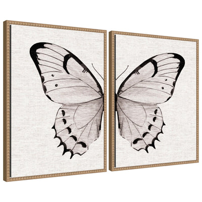 Sylvie Beaded Minimal Butterfly Watercolor Neutral Linen - 2 Piece Framed Canvas Art Set