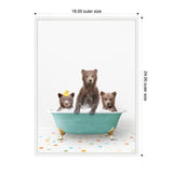 Three brown bear cubs in a teal clawfoot bathtub with one cub wearing a yellow rubber duck hat, set on a colorful tiled floor with white background.