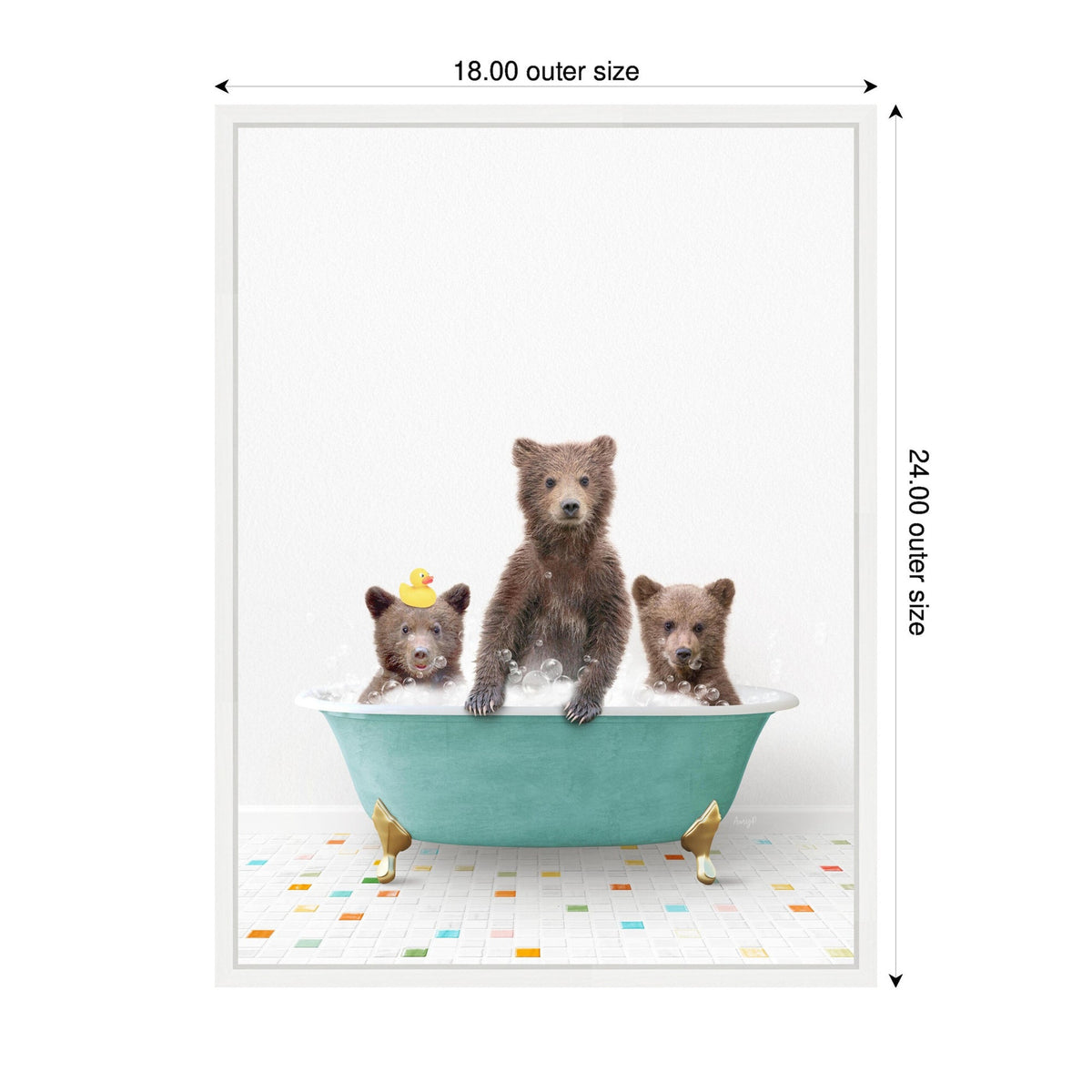Three brown bear cubs in a teal clawfoot bathtub with one cub wearing a yellow rubber duck hat, set on a colorful tiled floor with white background.