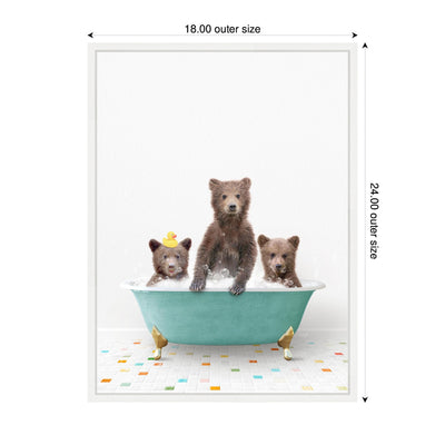 Sylvie Three Bear Cubs in Teal Bathtub on Colored Tile Framed Canvas by Amy Peterson