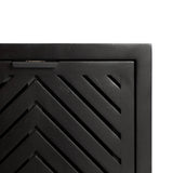 Close-up of a dark wood cabinet door featuring a chevron pattern framed by a smooth rectangular border with a small metal hinge at the top edge.