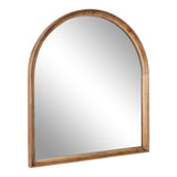 Arched wall mirror with a warm wood frame featuring a smooth, natural grain and a simple rectangular base supporting the curved top.