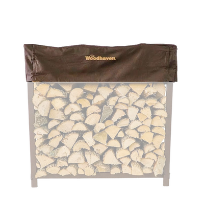 Woodhaven Short Firewood Rack Seasoning Cover in black on a firewood rack