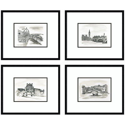 Vintage Europe 4 Piece Framed Wall Art Print Set by Teju Reval displayed on a wall