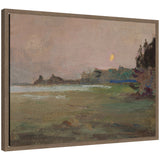 A muted landscape painting depicting an evening mist with a glowing moon above a shoreline, featuring dark tree silhouettes on the right and soft green and brown tones.