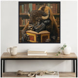 Illustration of a large traditional buffalo reading a book in a library setting, with detailed brown fur and curved horns against a backdrop of wooden bookshelves filled with old books.