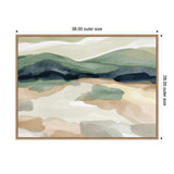 Abstract landscape painting with layered green and blue hills above beige and brown ground, in a light wooden frame, sized 38 by 28 inches.