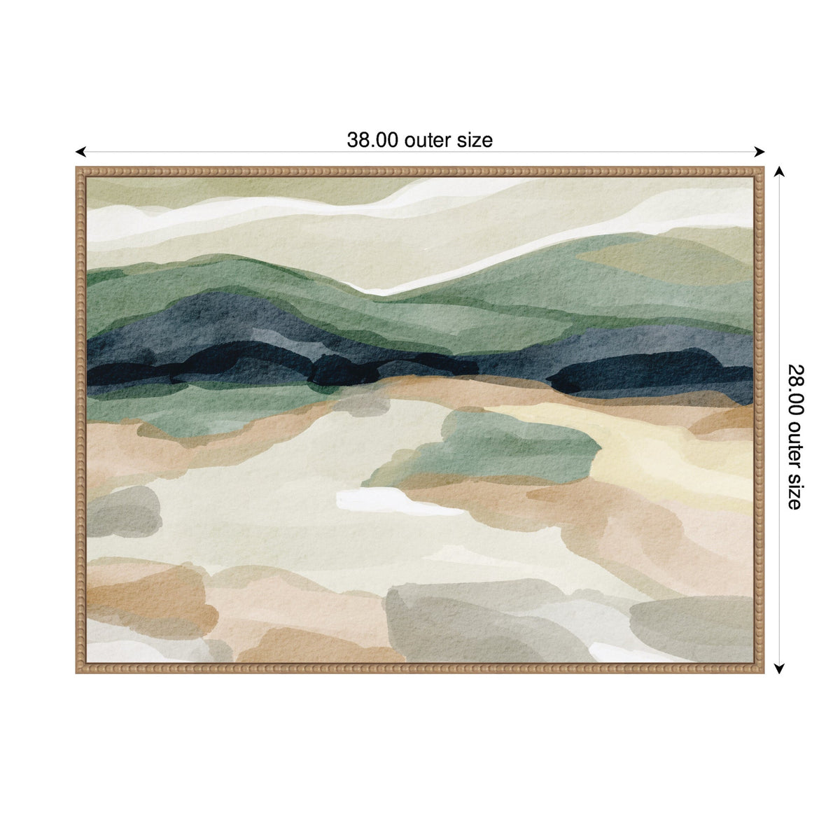 Abstract landscape painting with layered green and blue hills above beige and brown ground, in a light wooden frame, sized 38 by 28 inches.