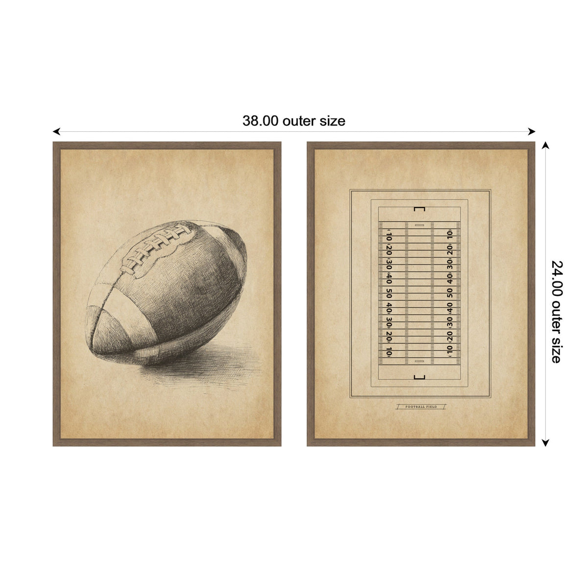 Two framed vintage-style prints: one shows a detailed pencil sketch of an old football, the other a simplified aerial view of a football field on beige paper.