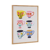 Six colorful illustrated coffee cups with floral patterns in two vertical columns, framed in light wood on a white background, shown at an angle.