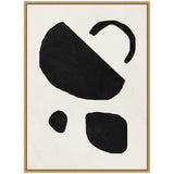 Abstract canvas with four irregular black shapes on a white background, framed in light wood, showcasing minimalist geometric design.
