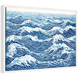 Sylvie Linocut Abstract Waves Blue and White Framed Canvas Art by The Creative Bunch Studio