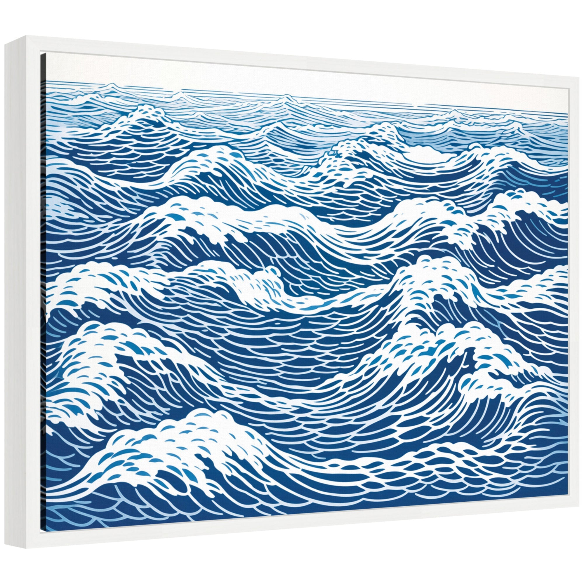 Sylvie Linocut Abstract Waves Blue and White Framed Canvas Art by The Creative Bunch Studio