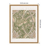 Framed William Morris Windrush 1883 pattern featuring intricate beige and brown floral and bird motifs on an olive green background, with a natural wood frame and cream mat.