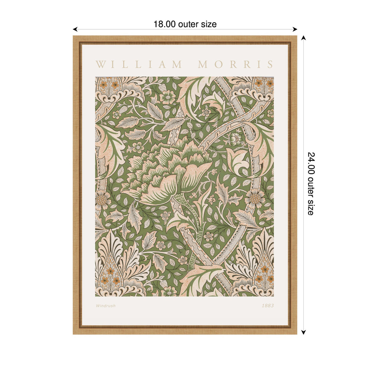 Framed William Morris Windrush 1883 pattern featuring intricate beige and brown floral and bird motifs on an olive green background, with a natural wood frame and cream mat.