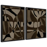 Two framed abstract canvas art pieces by Shatha Al Dafai featuring layered organic shapes in black, beige, and brown tones with smooth, flowing contours.