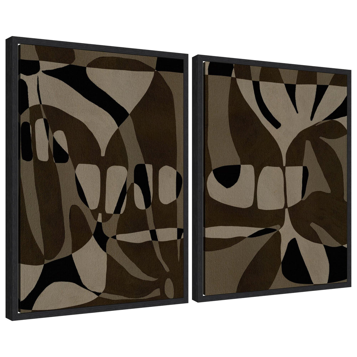 Two framed abstract canvas art pieces by Shatha Al Dafai featuring layered organic shapes in black, beige, and brown tones with smooth, flowing contours.