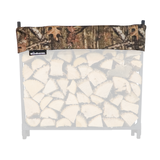 Woodhaven Short Firewood Rack Seasoning Cover in black on a firewood rack
