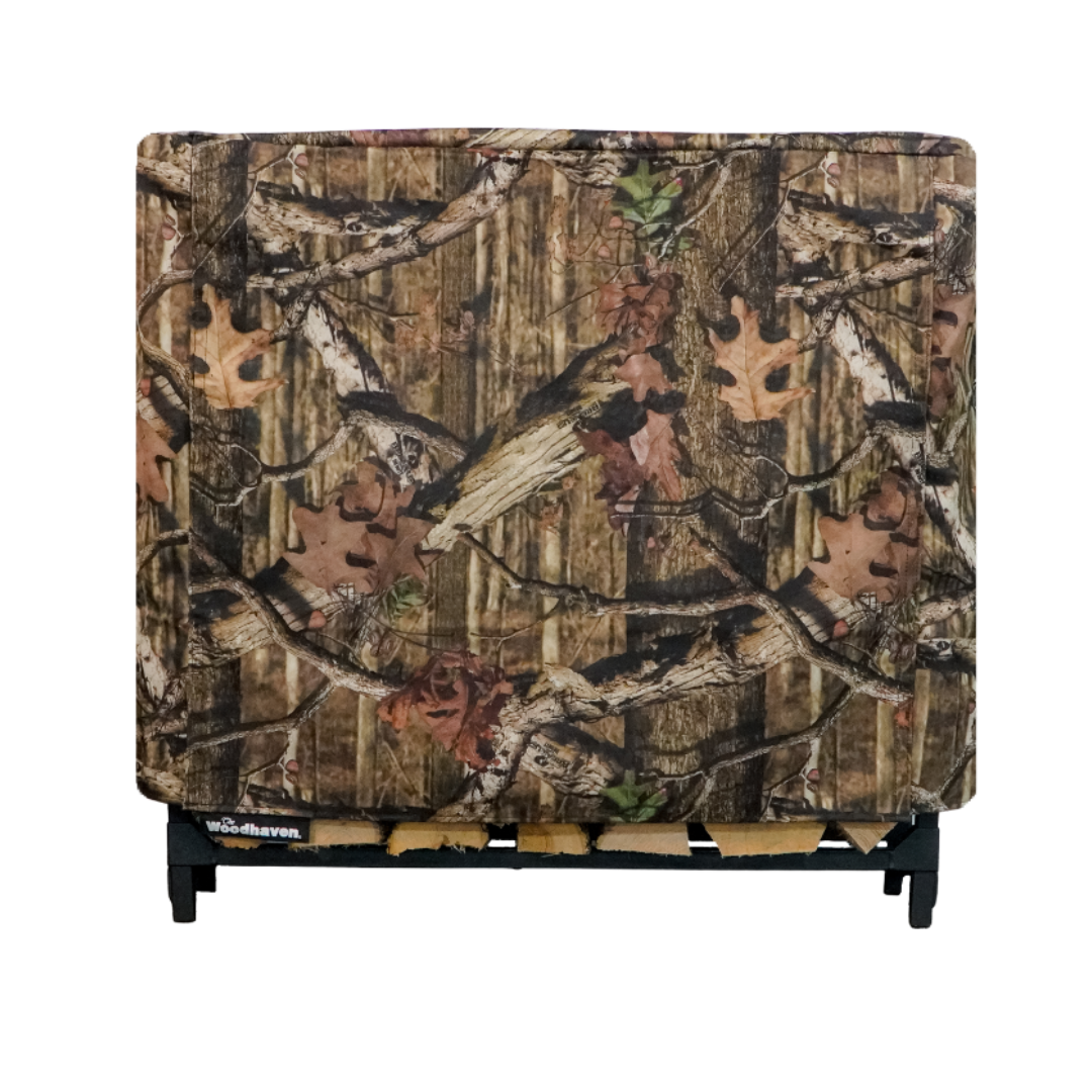 Woodhaven Full Firewood Rack Cover on firewood rack in outdoor setting