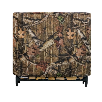 Woodhaven Full Firewood Rack Cover on firewood rack in outdoor setting