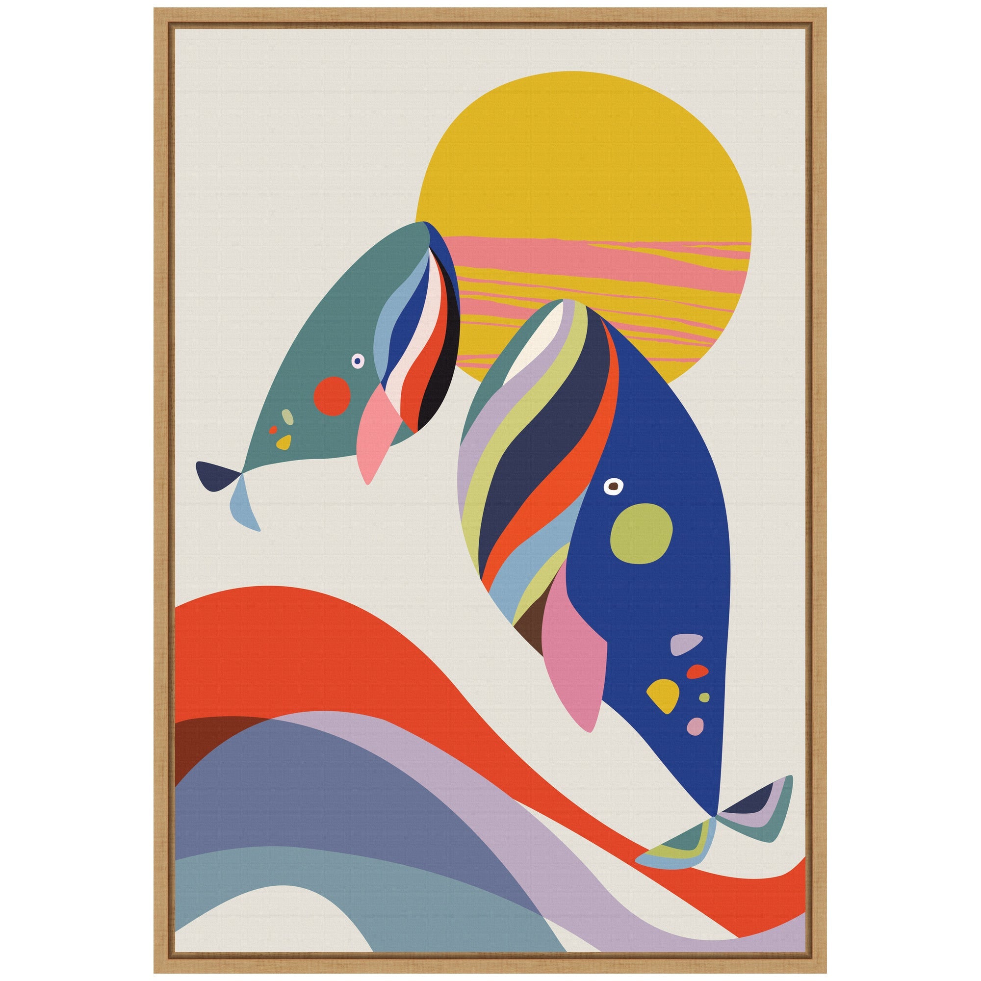 Sylvie Retro Coastal Mom and Baby Whales Framed Canvas by Rachel Lee