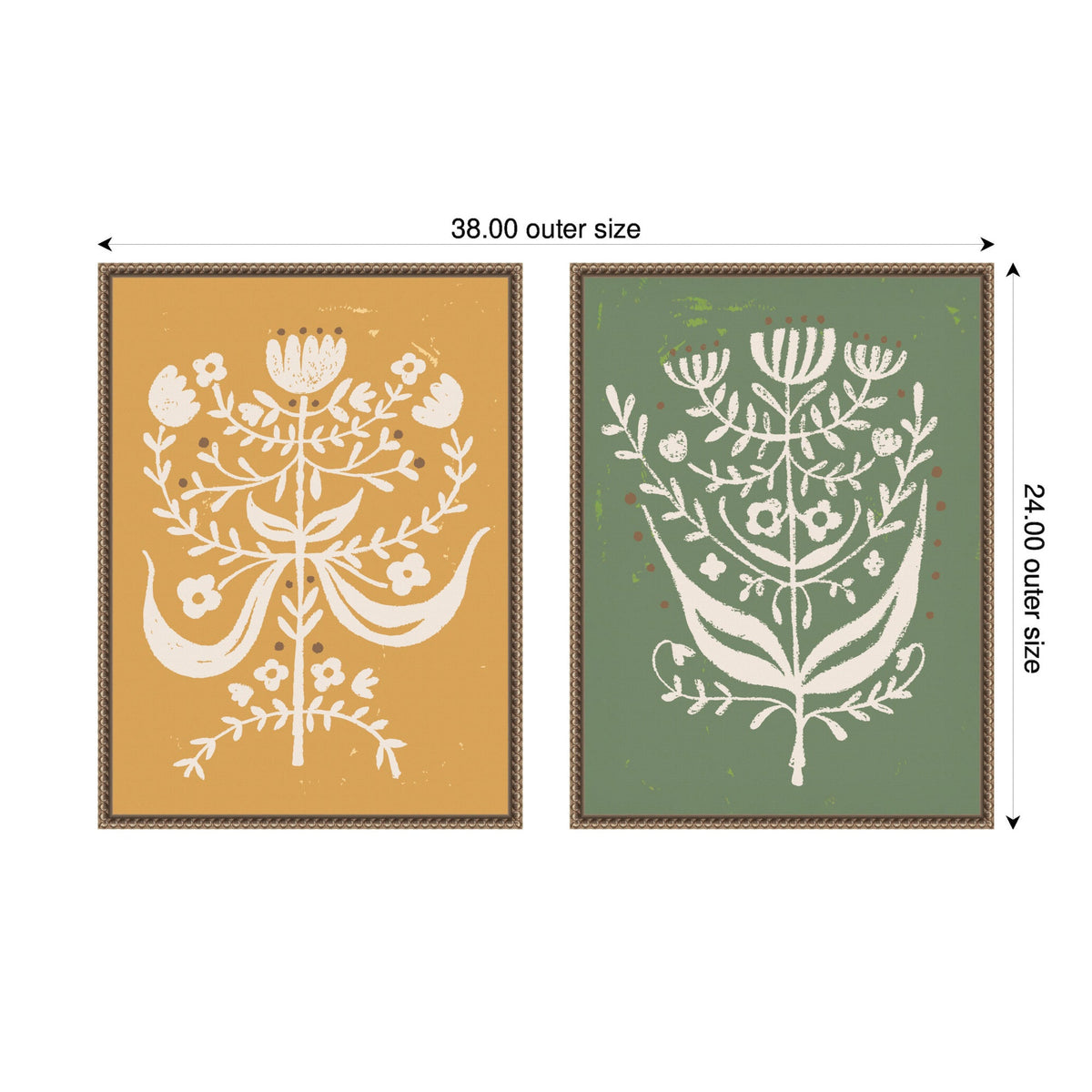 Two framed canvas prints featuring white floral folk art designs, one on mustard yellow and the other on muted green backgrounds, each measuring 38 by 24 inches.