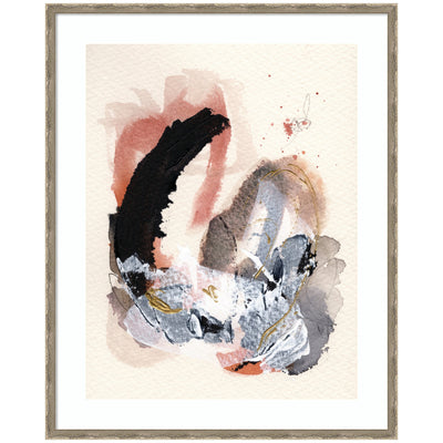 Framed abstract art Urban Wanderer 3 by Xizhou Xie showing earthy tones of red, black, white, and gold accents in dark silver frame