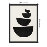 Framed abstract canvas with four stacked, uneven black semi-circles on a textured off-white background, arranged from largest at bottom to smallest on top.