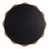Back view of a round mirror with a scalloped wooden frame and black backing board secured by screws and two metal hanging hooks.