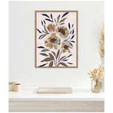 Framed canvas artwork featuring muted floral painting with large beige flowers and dark green leaves on a soft pink background, hanging above a white desk with beige decor.