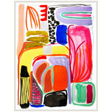 Abstract composition of bold brushstrokes in red, yellow, purple, black, green, and blue on white canvas with outlined shapes and textured patterns.