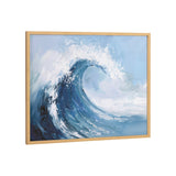 Framed abstract painting of a large ocean wave with dynamic brushstrokes in shades of blue and white against a light blue sky background.