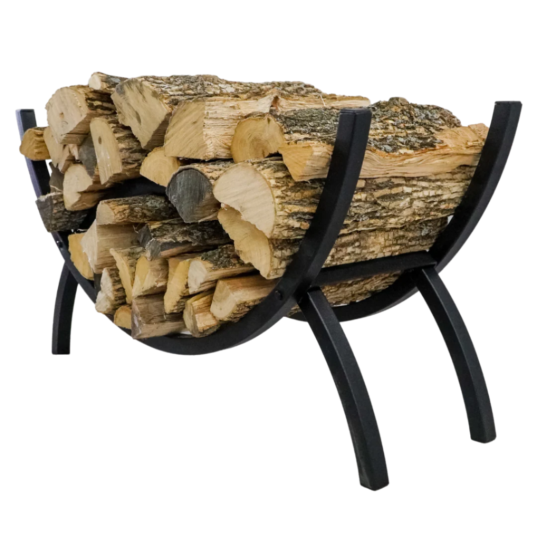 Black 3 ft Crescent Metal Firewood Rack for indoor or outdoor use