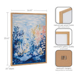 Framed underwater ocean landscape print with blue, pink, and beige coral shapes, set in a light natural oak wood frame with minimalist gallery profile.