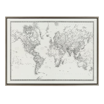 Sylvie Vintage Black and White World Map Framed Canvas by The Creative