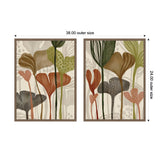 Two framed botanical canvas prints featuring abstract leaves and stems in earthy tones like green, brown, orange, and gray with textured beige backgrounds.