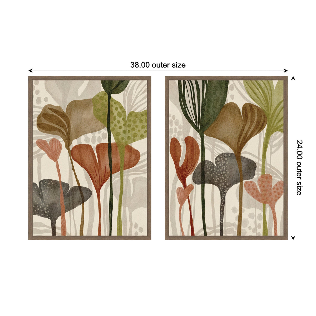Two framed botanical canvas prints featuring abstract leaves and stems in earthy tones like green, brown, orange, and gray with textured beige backgrounds.